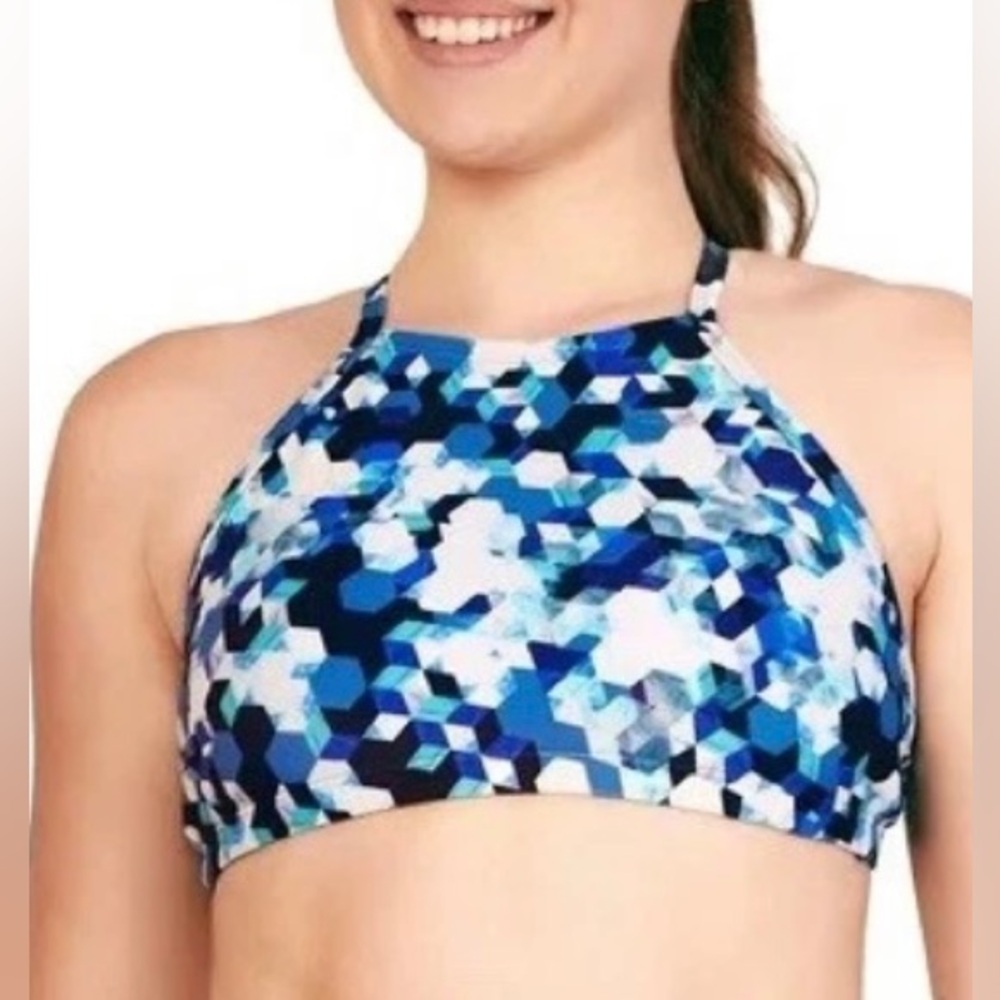Speedo Swim Top Womens XS Blue Turkish Sea High Neck UPF50+ NEW NWT
